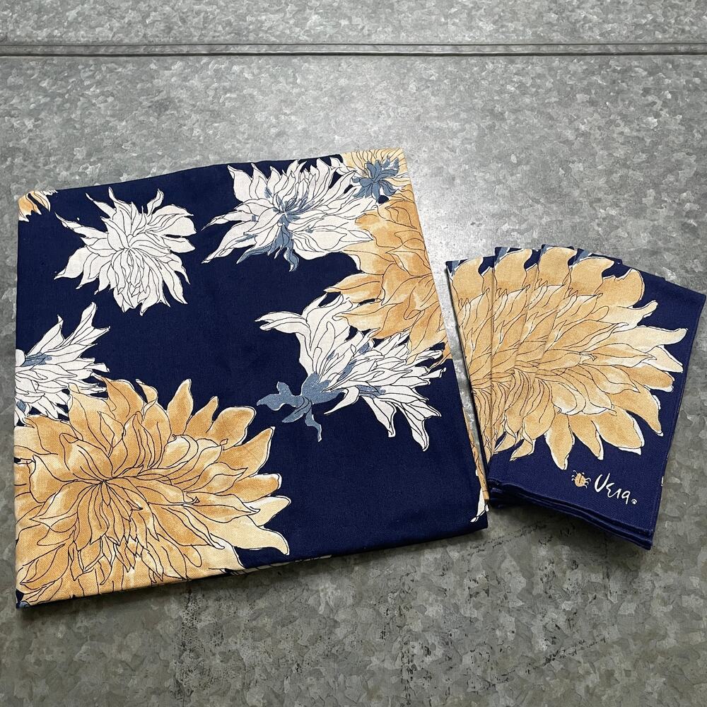 Vintage Vera Neumann Dahlia Chrysanthemum Tablecloth Napkins Floral Blue Gold